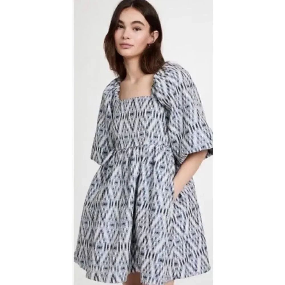 Munthe Chew Blue Puff Sleeve Oversized Puffy Mini Dress NWT Size FR 36 / US 6